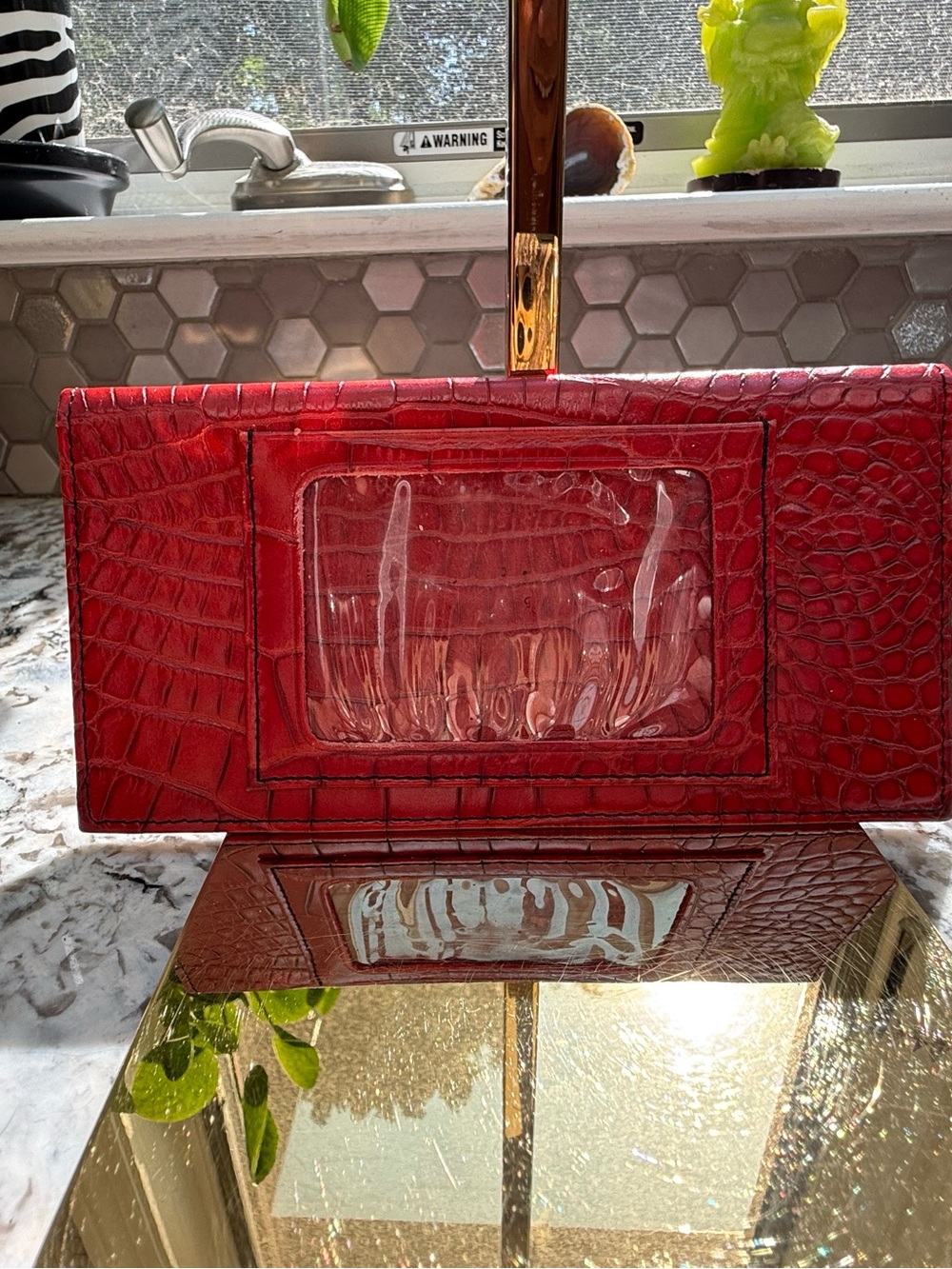 Red Croc-Embossed Clutch with Tiger Print Flap - Picture 9 of 9